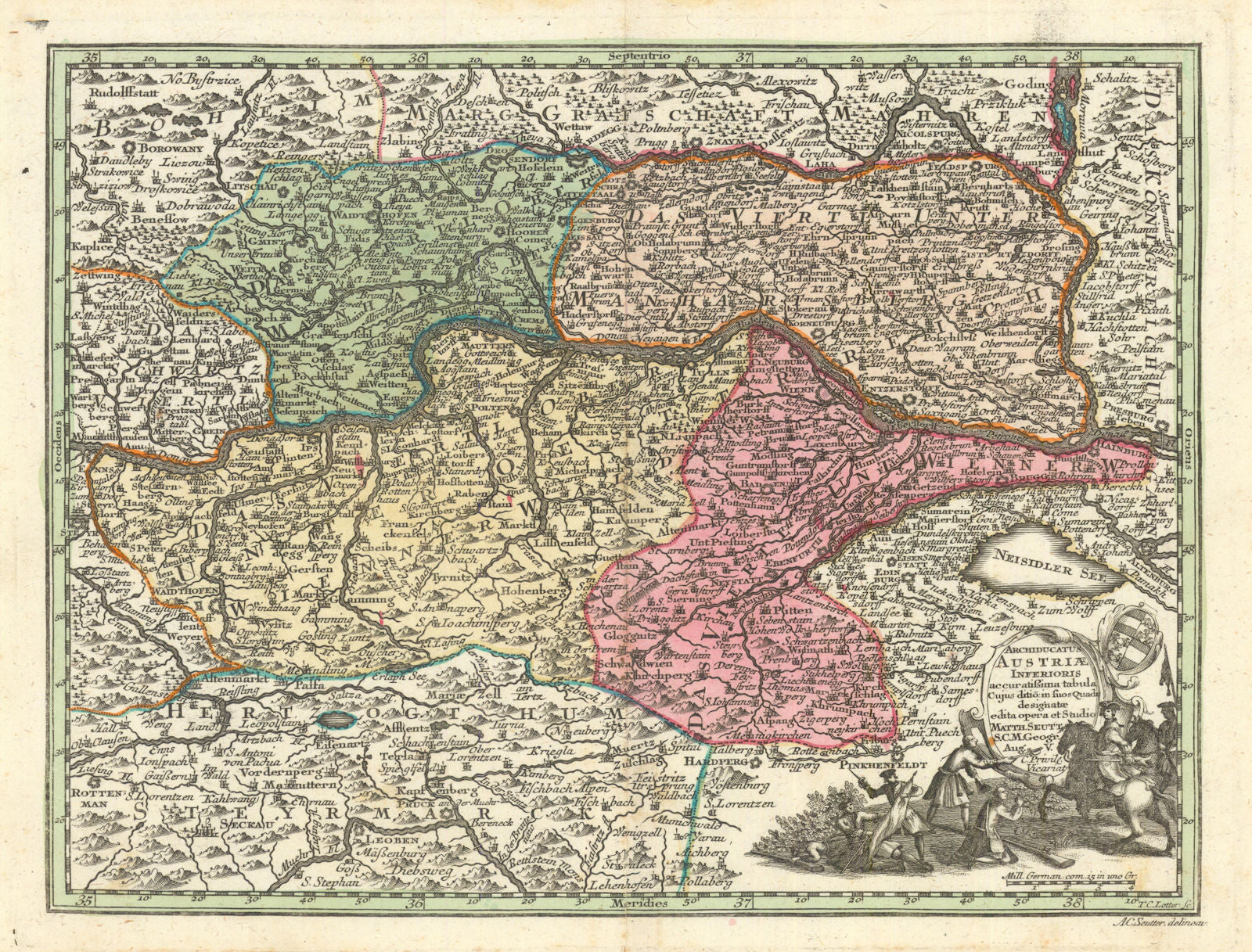 Archiducatus Austriae Inferioris. Archduchy of Lower Austria. Seutter c1744 map
